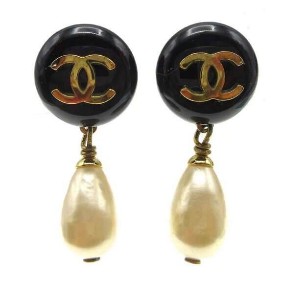 Chanel Artificial Pearl Dangle Earrings Clip-On Black 94P 140088 - Picture 1 of 5